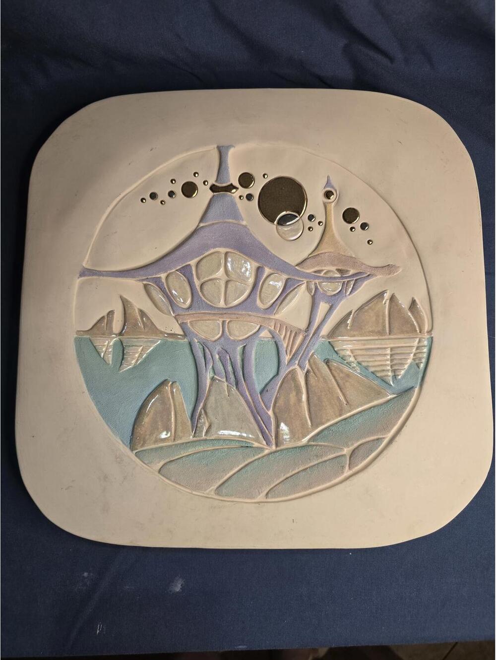 Rare Vintage Abstract Terry Pottery Ceramic Wall Plaque with Iridescent Glaze